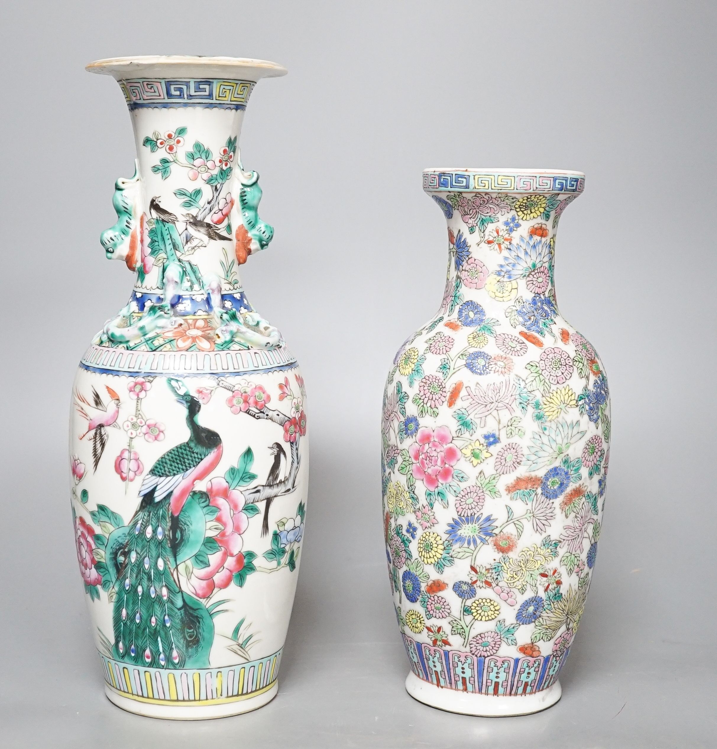 A Chinese famille rose ‘phoenix’ vase and another famille rose vase 30cm